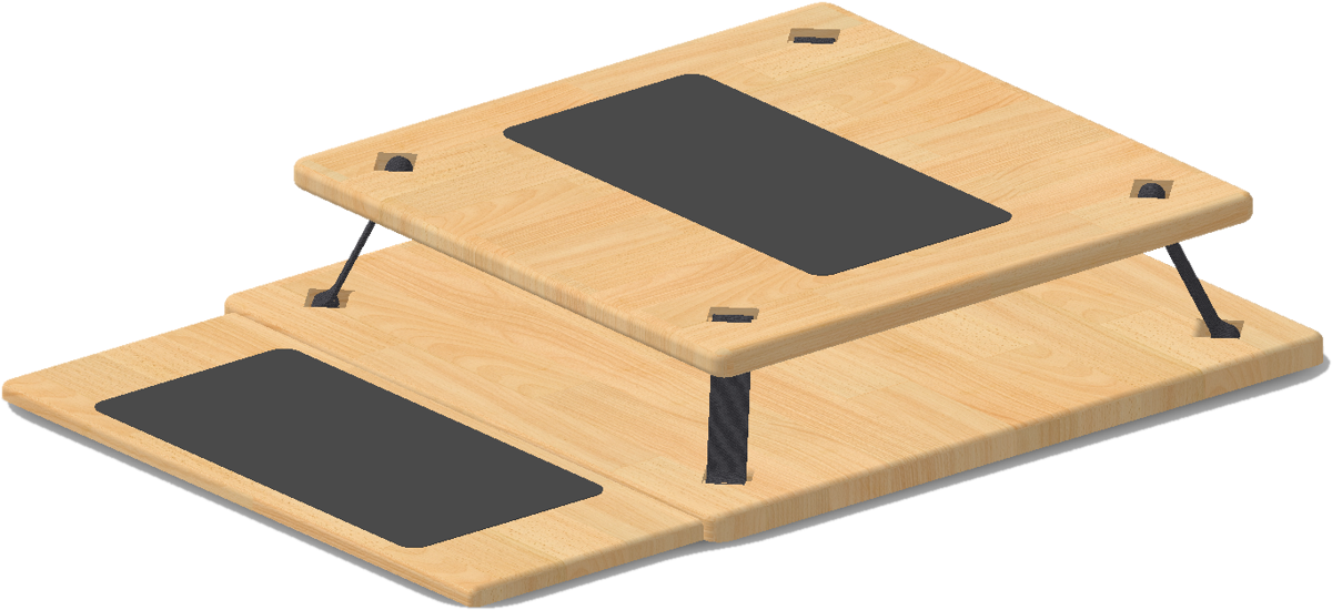 La planche Aplomb : un plateau en bois retenu par des élastiques au-dessus d'une base